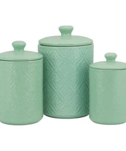 10 Strawberry Street Medallion Embossed 3 Piece Ceramic Canister Set, Sage