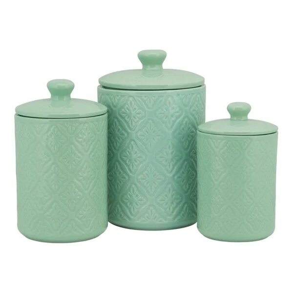 10 Strawberry Street Medallion Embossed 3 Piece Ceramic Canister Set, Sage