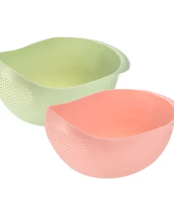 Kitchen Rice Washing Strainer Fruit Vegetable Container Drain Basket - Green+Pink