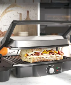 CUSchoice Stainless Steel 4 Slice Panini Press Grill with Non-Stick Plates and Locking Lids - 13.75" L x 12.75" W x 4.75" H