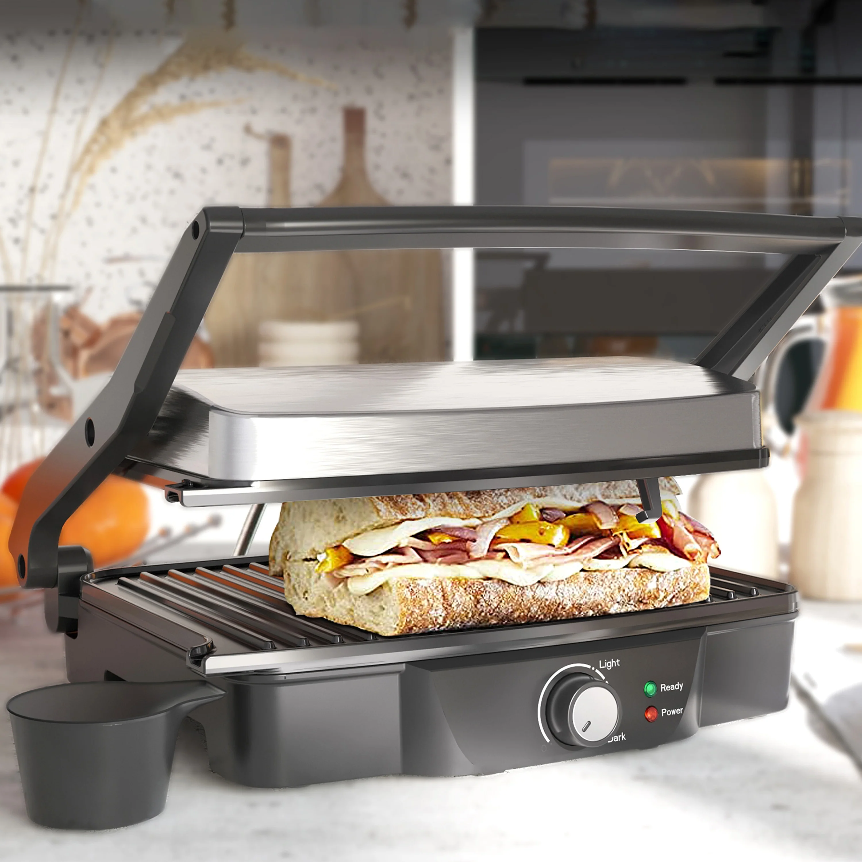 CUSchoice Stainless Steel 4 Slice Panini Press Grill with Non-Stick Plates and Locking Lids - 13.75" L x 12.75" W x 4.75" H