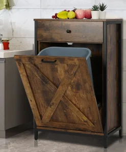 10 Gallon Tilt Out Kitchen Trash Cabinet Trash Can Wooden Tilts Out Hands Laundry Recycling Holder Brown