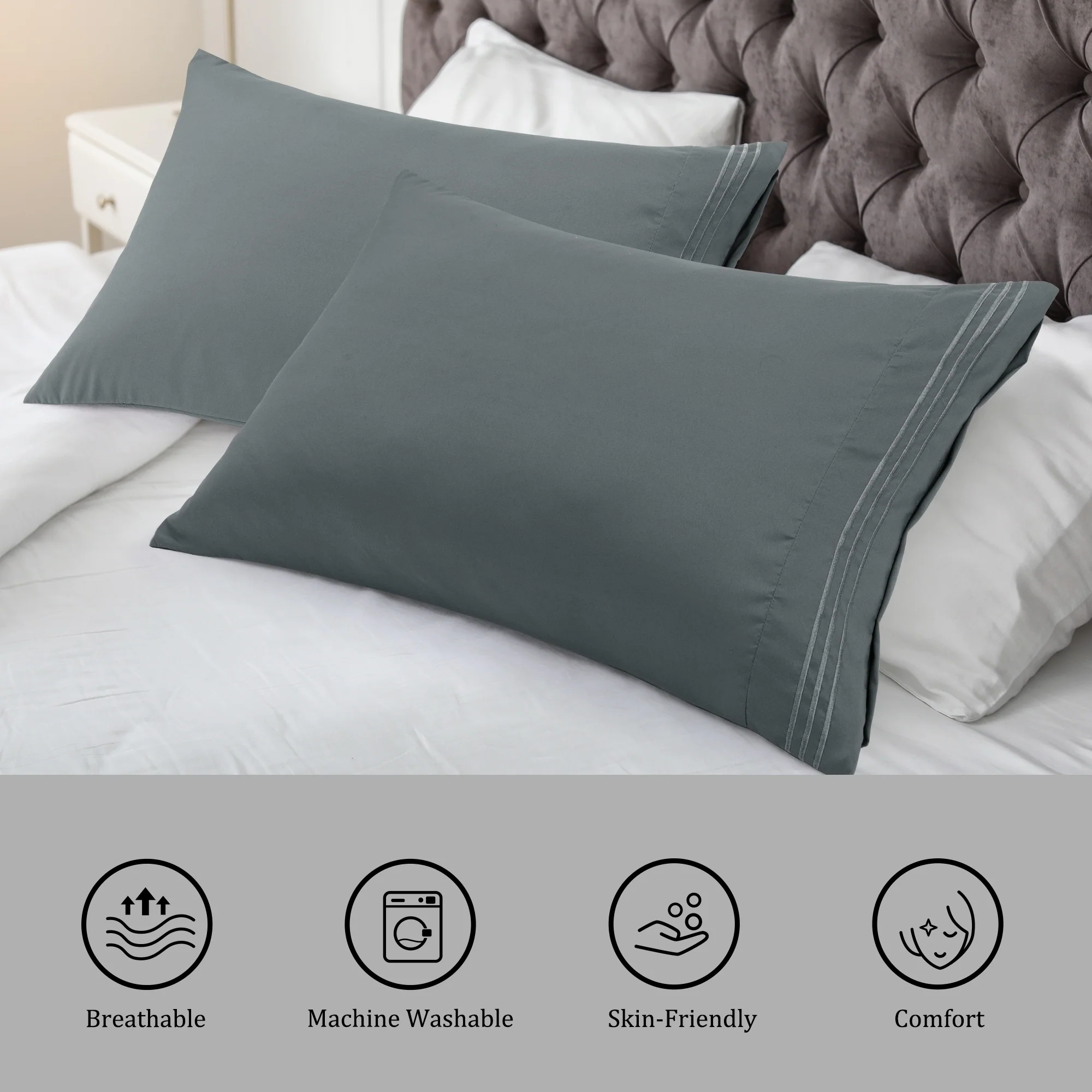 2Pcs Microfiber Embroidery Pillowcases Zipper