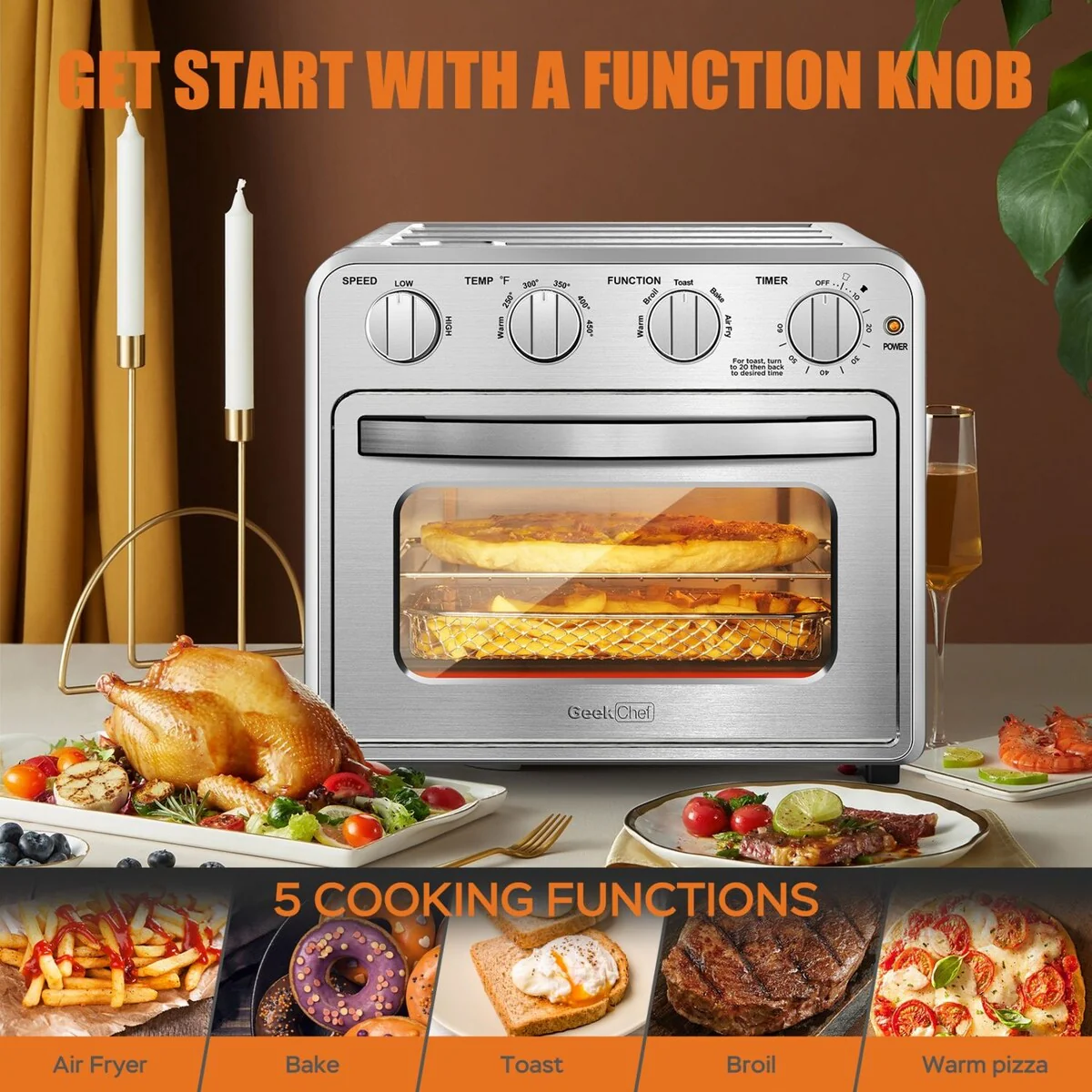 1400-W 4-Slice Silver Geek Chef Air Fryer Toaster Oven Combo Toaster Convection Air Fryer Oven