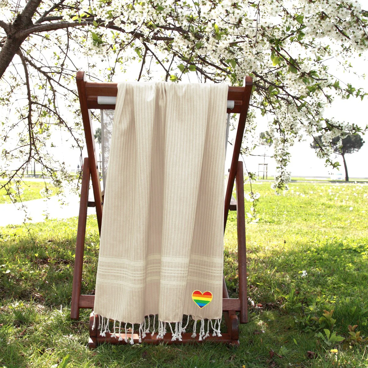 Authentic Hotel and Spa 100% Turkish Cotton Luxe Herringbone Cheerful Rainbow Heart Pestemal Beach Towel