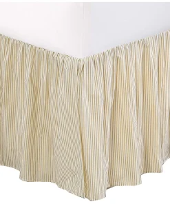 Cozy Line Golden Farmhouse Ticking Cotton Bed Skirt Cream Striped Ruffled Dust Ruffle, Tailored 16" Drop