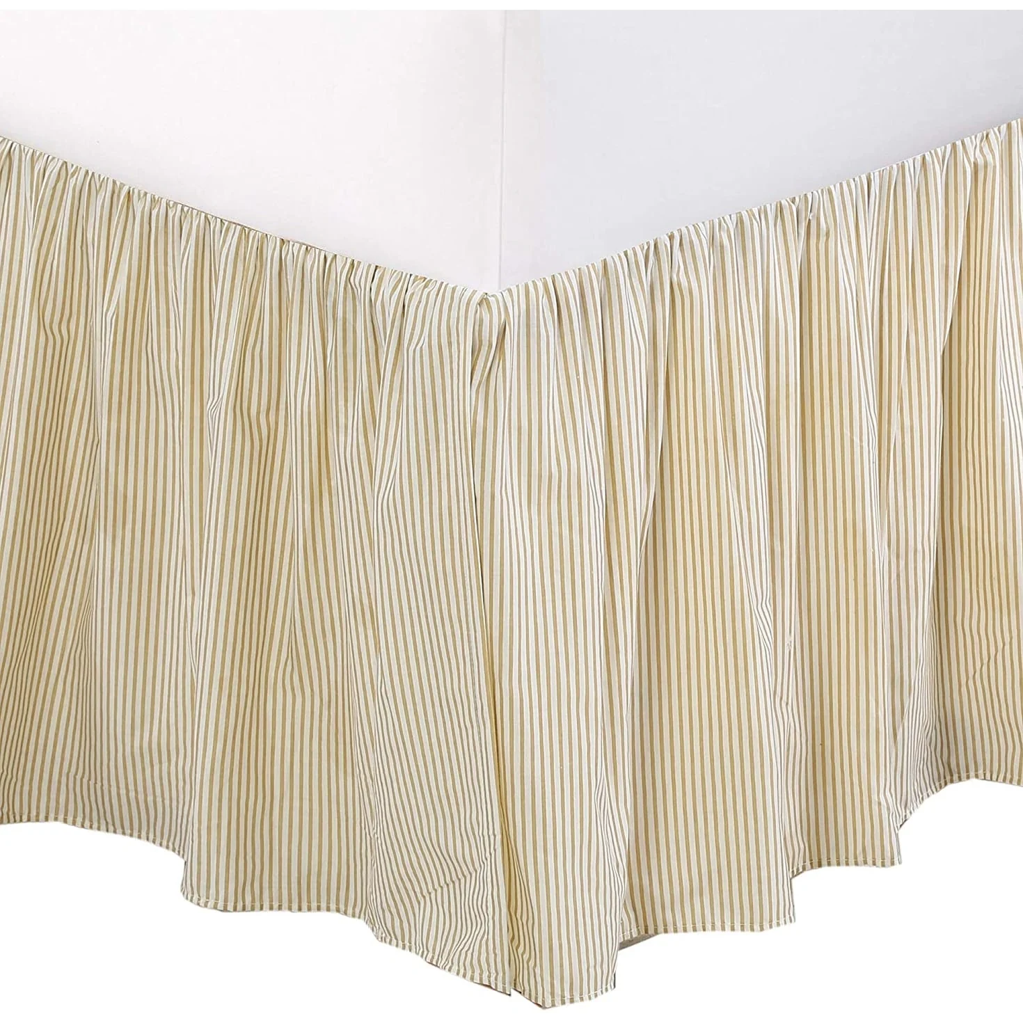 Cozy Line Golden Farmhouse Ticking Cotton Bed Skirt Cream Striped Ruffled Dust Ruffle, Tailored 16" Drop