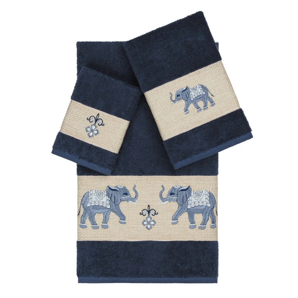 Authentic Hotel and Spa Turkish Cotton Elephants Embroidered Midnight Blue 3-piece Towel Set
