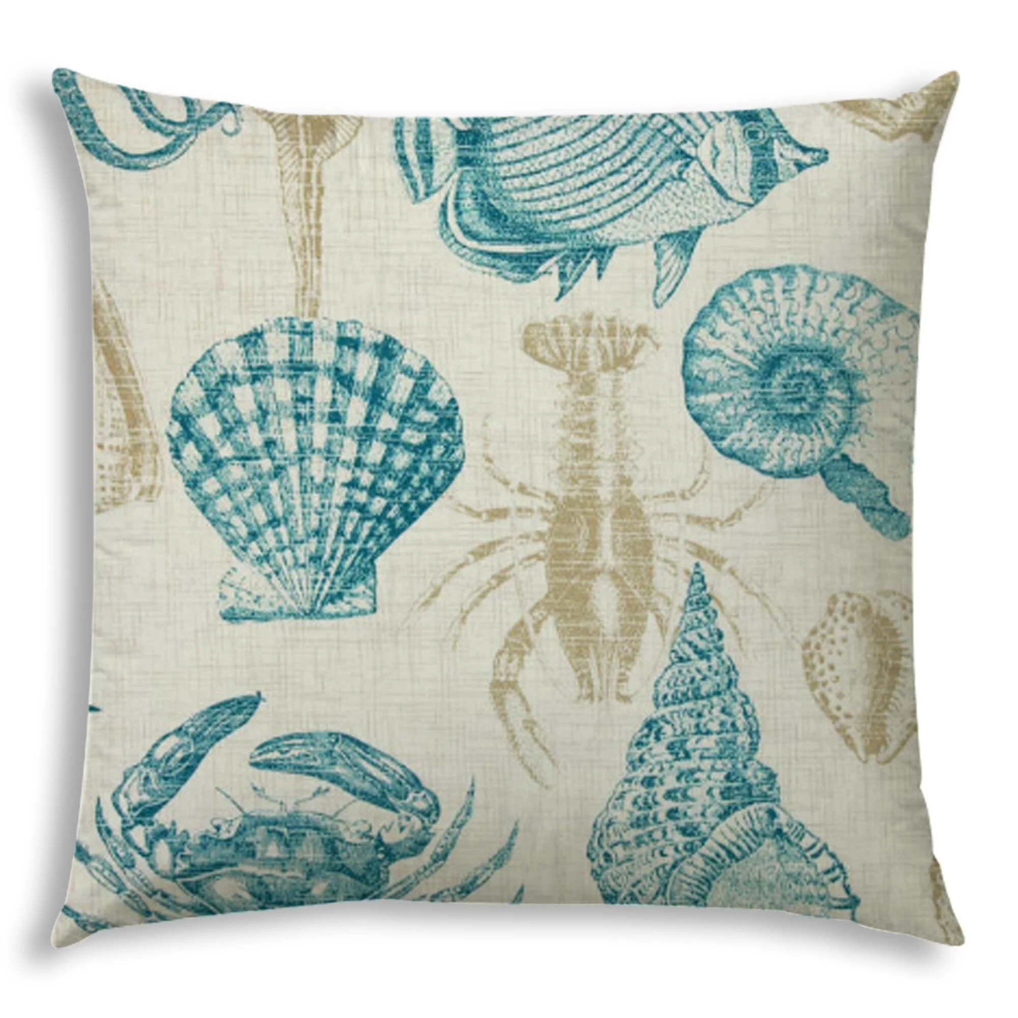 20" X 20" Teal Khaki And Ivory Seashells Zippered Polyester Coastal Throw Pillow Cover - Off-White