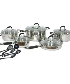 Daily Boutik 15-Piece Stainless Steel Cookware Set with Nylon Utensils - 15" x 15" x 4"