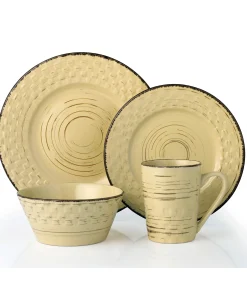 Lorren Home Trends 16 Piece Distressed Weave Dinnerware Set-Buttercup