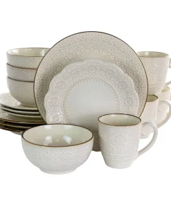 Doily Pattern Stoneware Dinnerware 16 Piece Set in Egg Shell