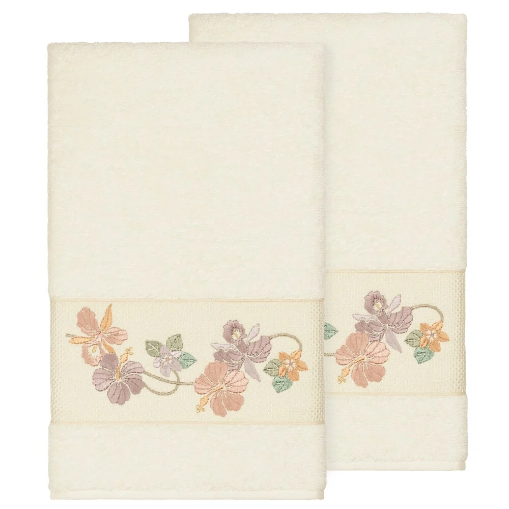 Authentic Hotel and Spa Turkish Cotton Floral Vine Embroidered Cream 2-piece Bath Towel Set