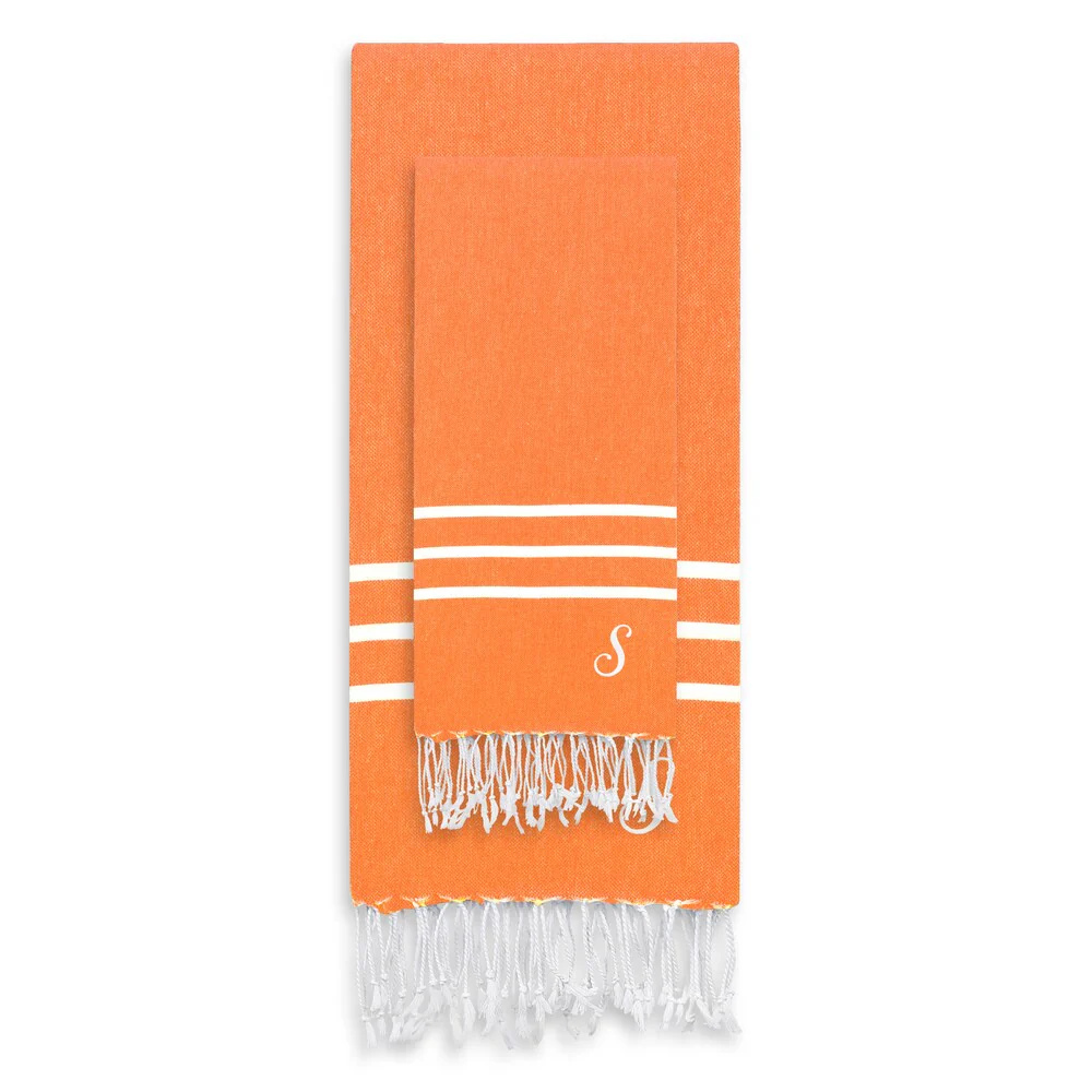 Authentic Ella Dark Orange Monogrammed Pestemal Fouta Turkish Cotton Beach and Head Towel Set (Set of 2)