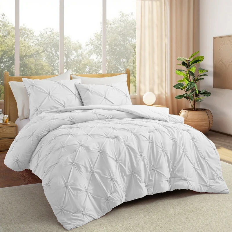 3 Piece Pintuck Pinch Pleat Comforter Set, Bedding Set for All Season