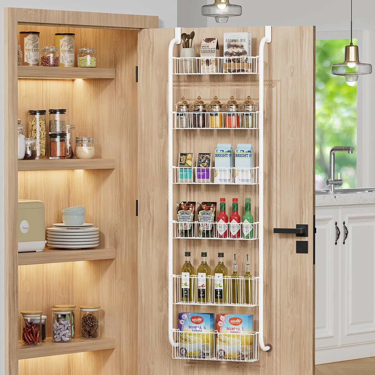 6 Tier Over The Door Pantry Organizer Rack with 4 + 2 Full Baskets, Hanging & Wall Mount Spice Rack Kitchen Storage Rack