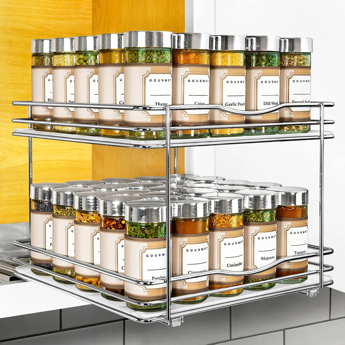 ® Pull Out Spice Rack Organizer for Cabinet - 10-1/4 inch Wide - Slide Out Rack - Sliding Spice Organizer Shelf - 2 Tier, Chrome