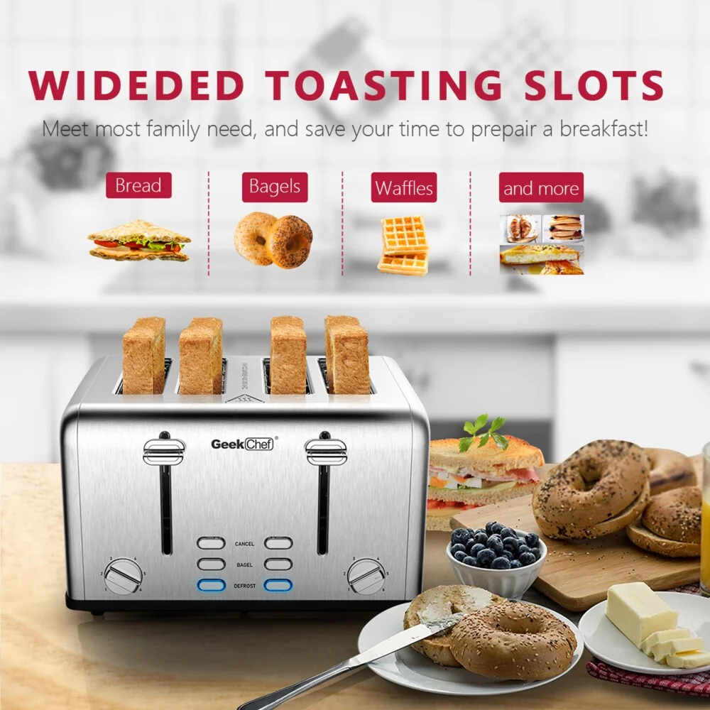 11.5'' Toaster 4 Slice, Stainless Steel Extra-Wide Slot Toaster