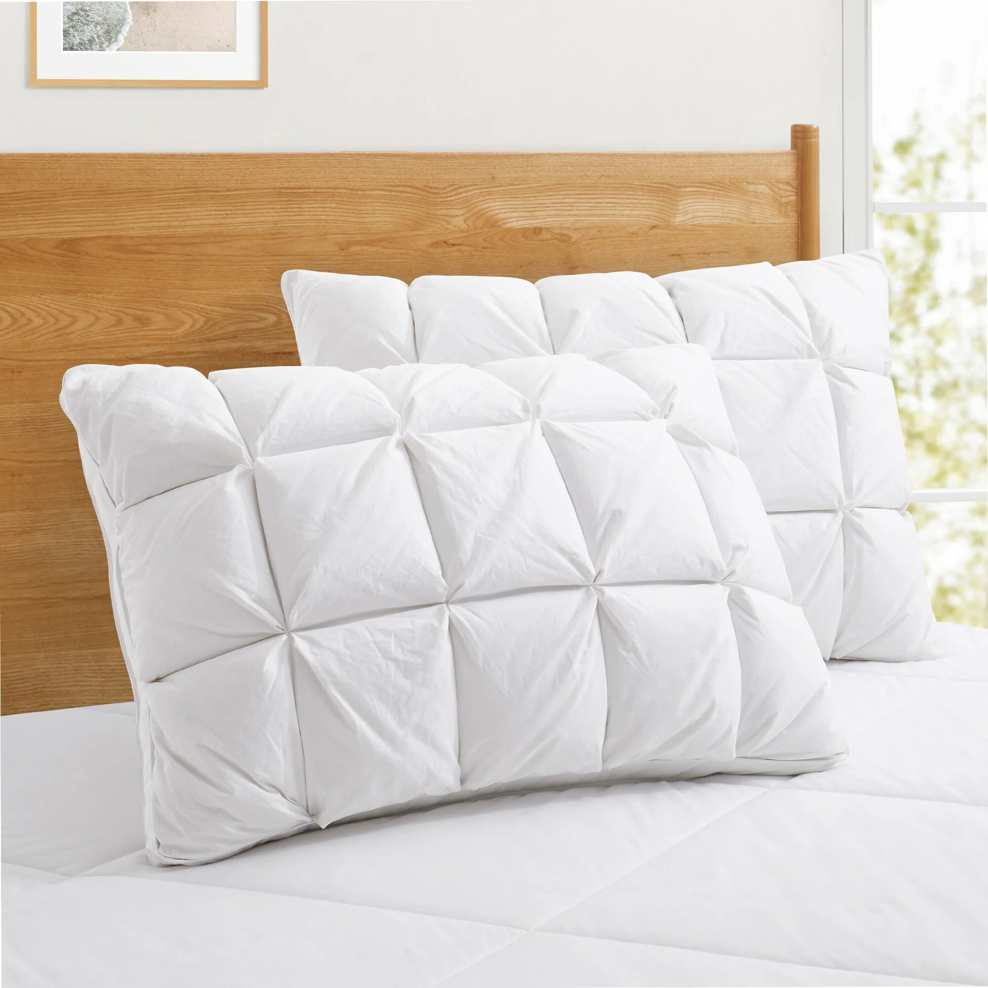 2 Pack Luxury Puffy Gusseted Down Bed Pillows with Pinch Pleat Design