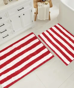 Large 2 Piece Set Red White Stripe Soft Cozy Plush Chenille Bath Mat Bathroom Rug