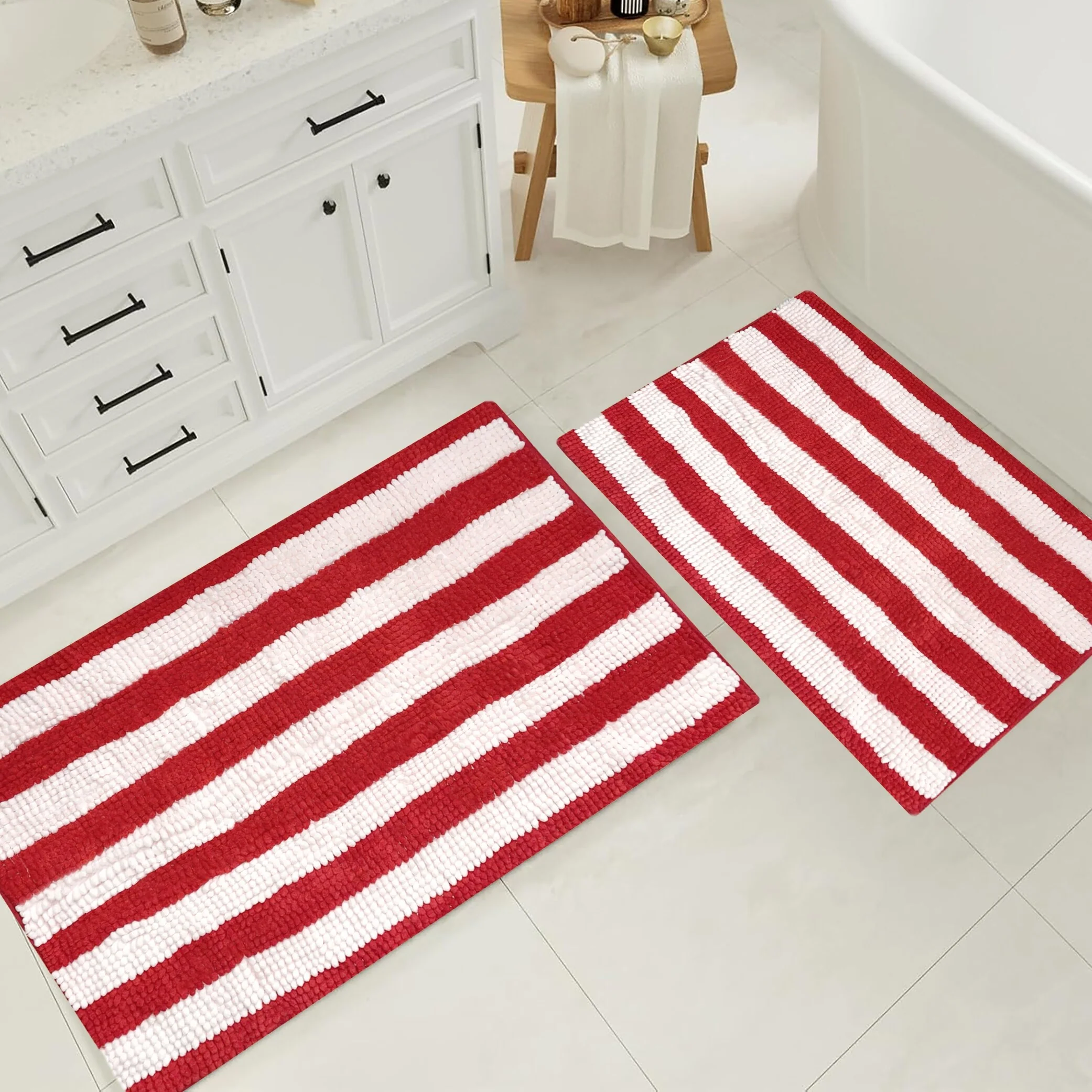 Large 2 Piece Set Red White Stripe Soft Cozy Plush Chenille Bath Mat Bathroom Rug