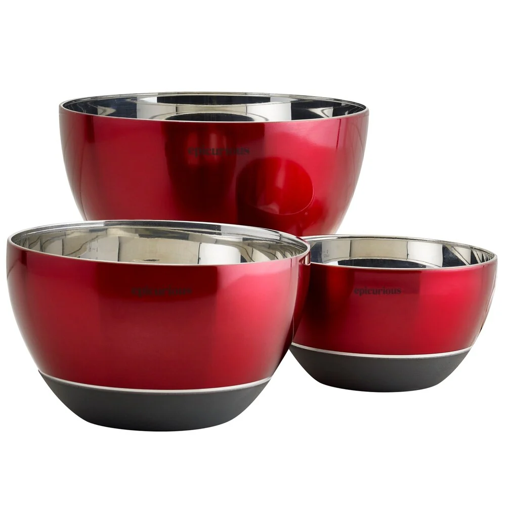 Epicurious 3Pc Mixing Bowl Set Stainless Steel w/ Silicone Base Red