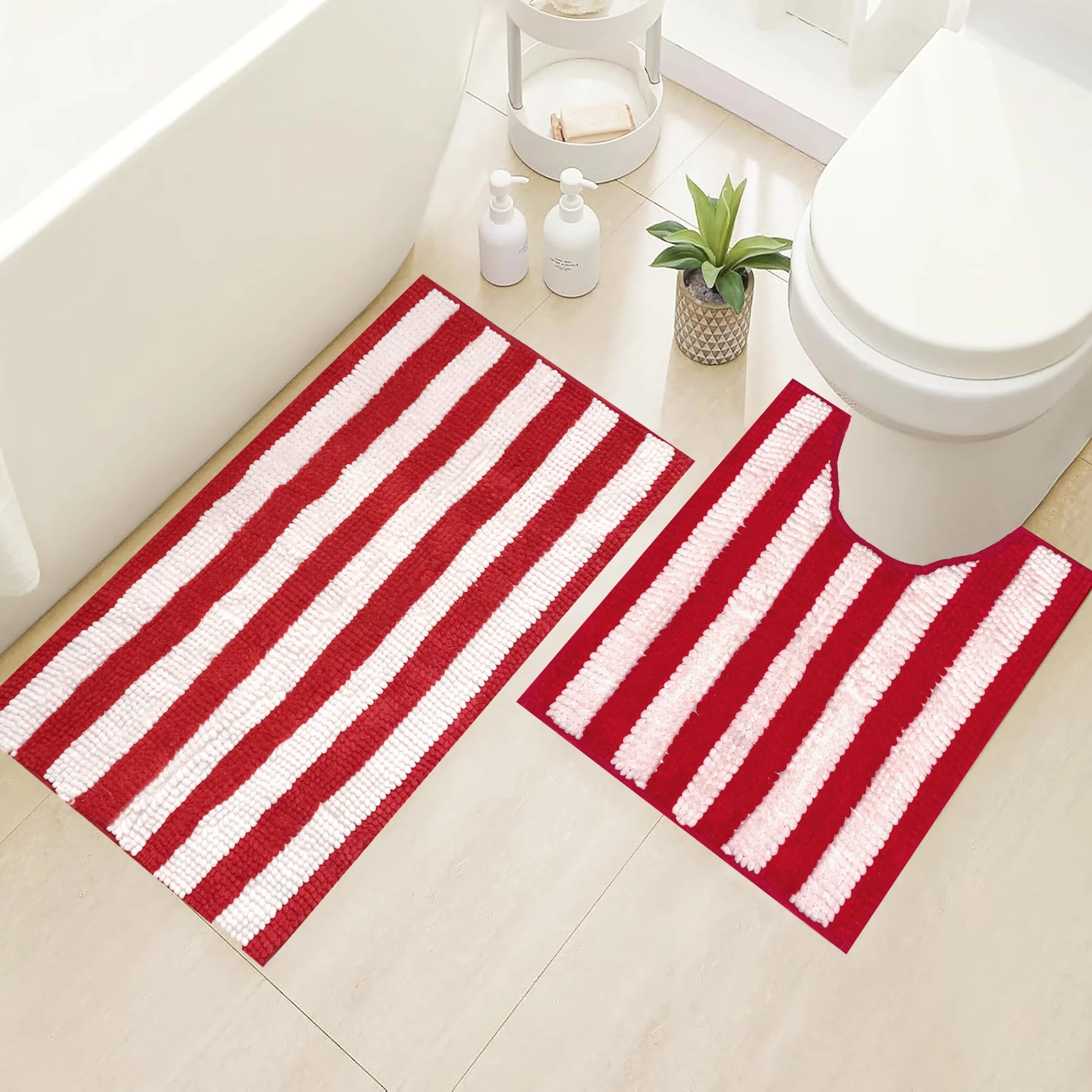 2 Piece Set Red Stripe Soft Cozy Plush Chenille Bath Mat Bathroom Rug