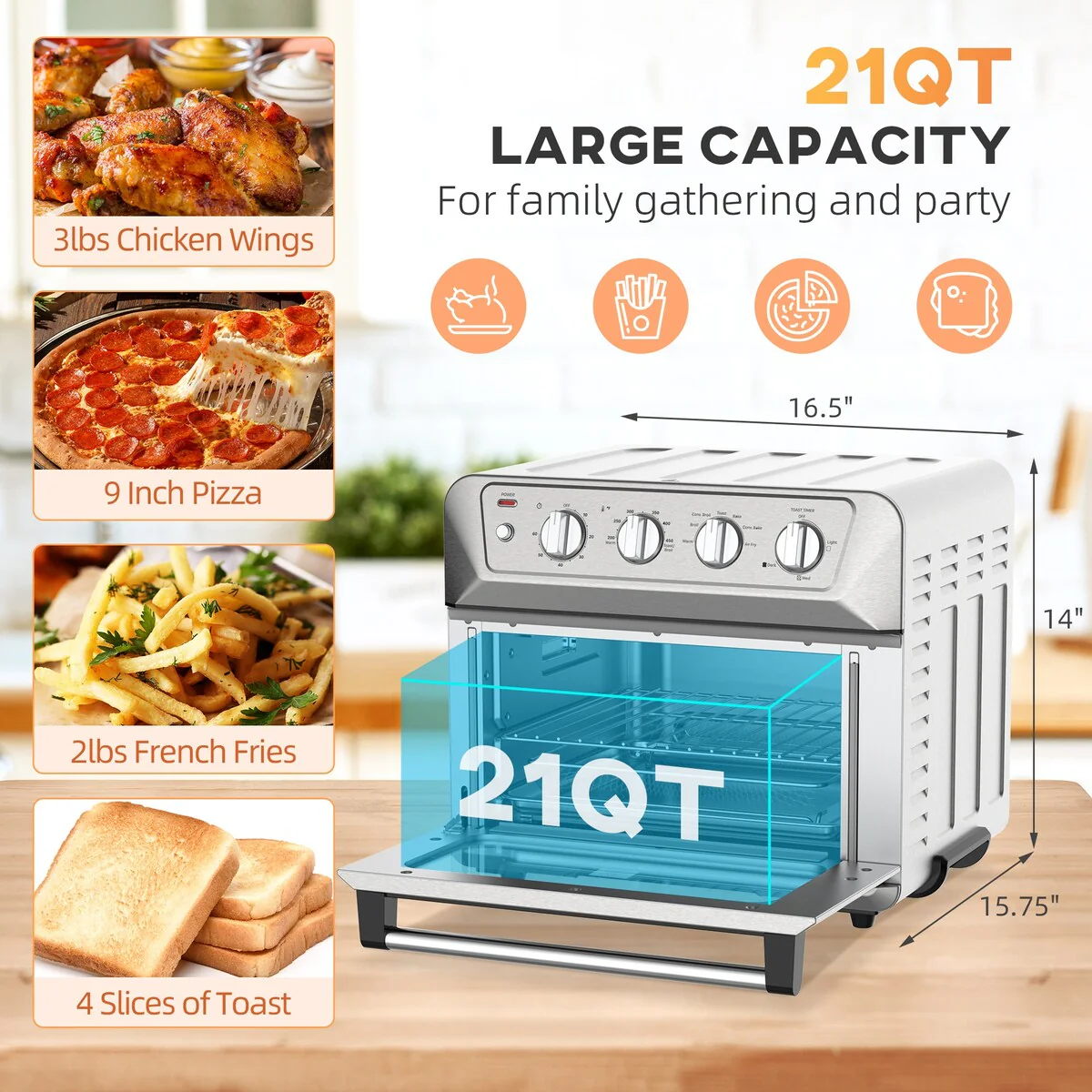 Air Fryer Toaster Oven 21QT 7 In 1 Convection Oven Countertop Broil Toast Bake and Air Fry - 16.50"L * 15.75"W * 14.00"H