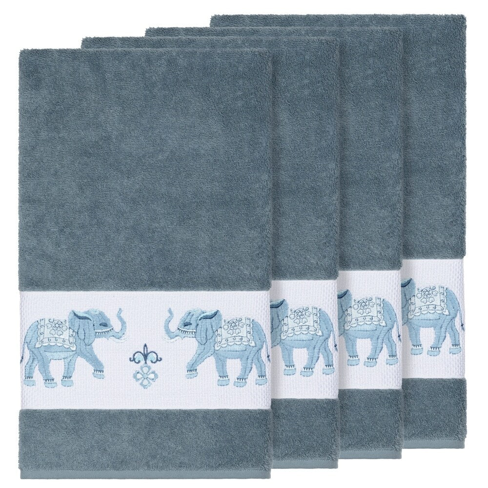 Authentic Hotel and Spa Turkish Cotton Elephants Embroidered Teal Blue 4-piece Bath Towel Set