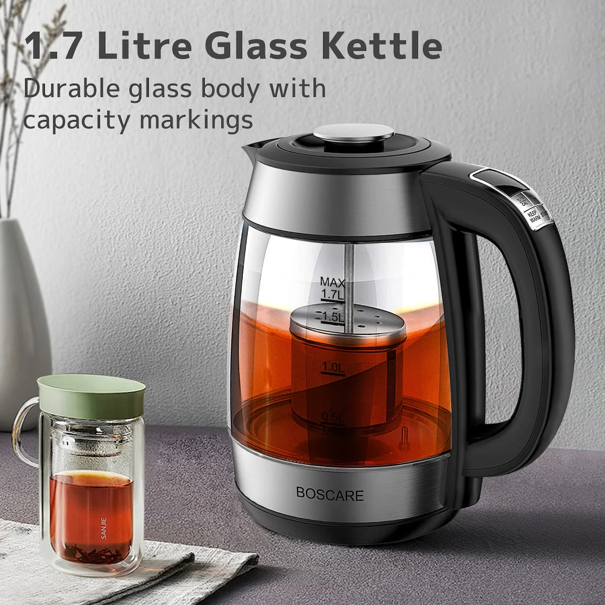 1.7 Liters Capacity Electric Glass Tea Kettle with Removable Infuser, Stainless Steel & LED Illuminated