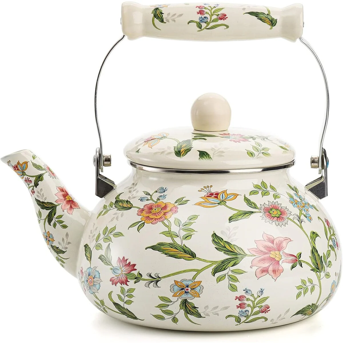 2.6 Quart Vintage Enamel Tea Kettle with Cool Touch Porcelain Handle for Stovetop Home Kitchen Decor