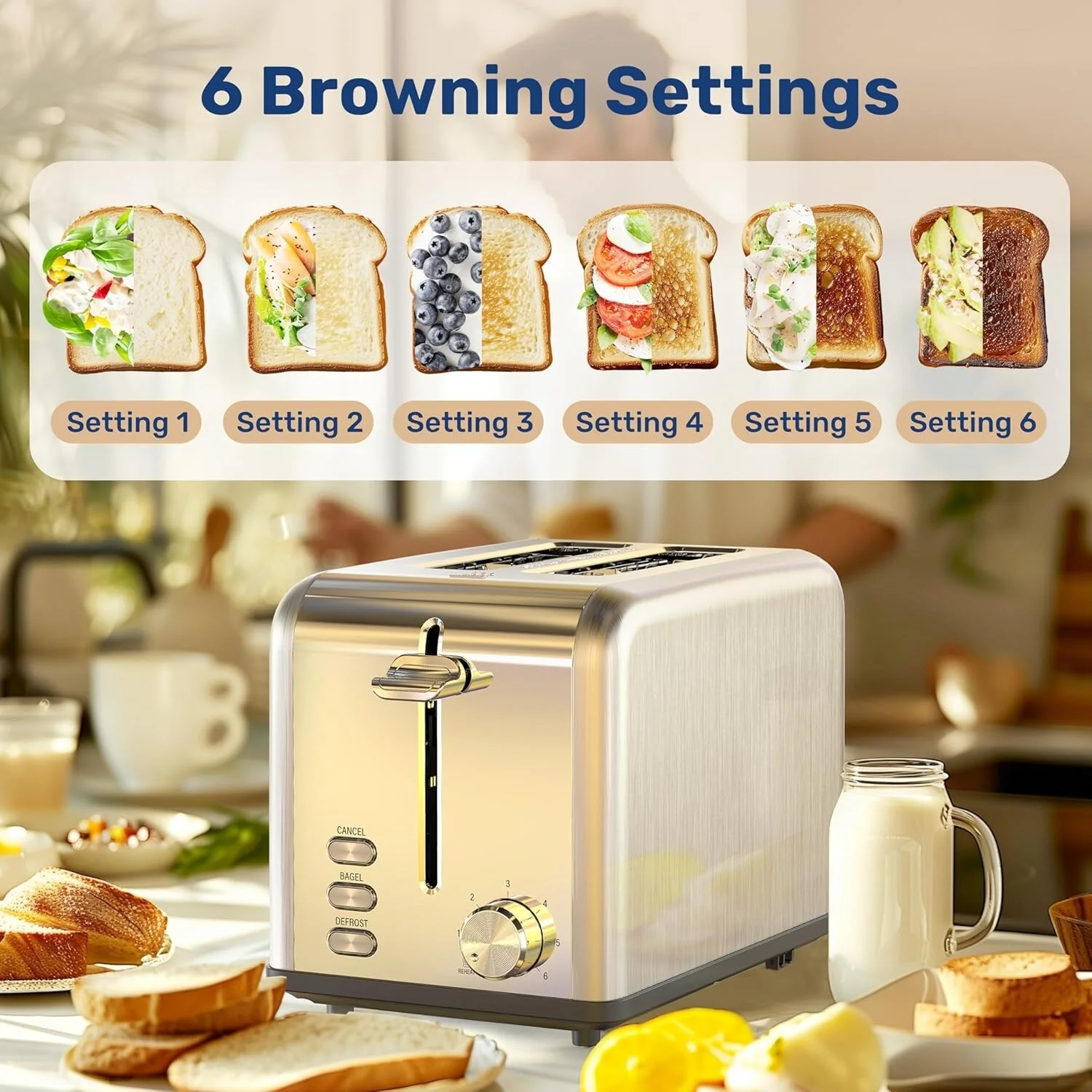 2 Slice Toaster With 6 Browning Setting And 3 Function - 10.40" * 6.26" * 7.00" in