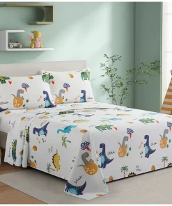 Kids Boys Printed 600 Thread Count Deep Pocket Cotton Blend Percale All Season Bedding Sheet Set, Cartoon Dinosaur Zoo Dino