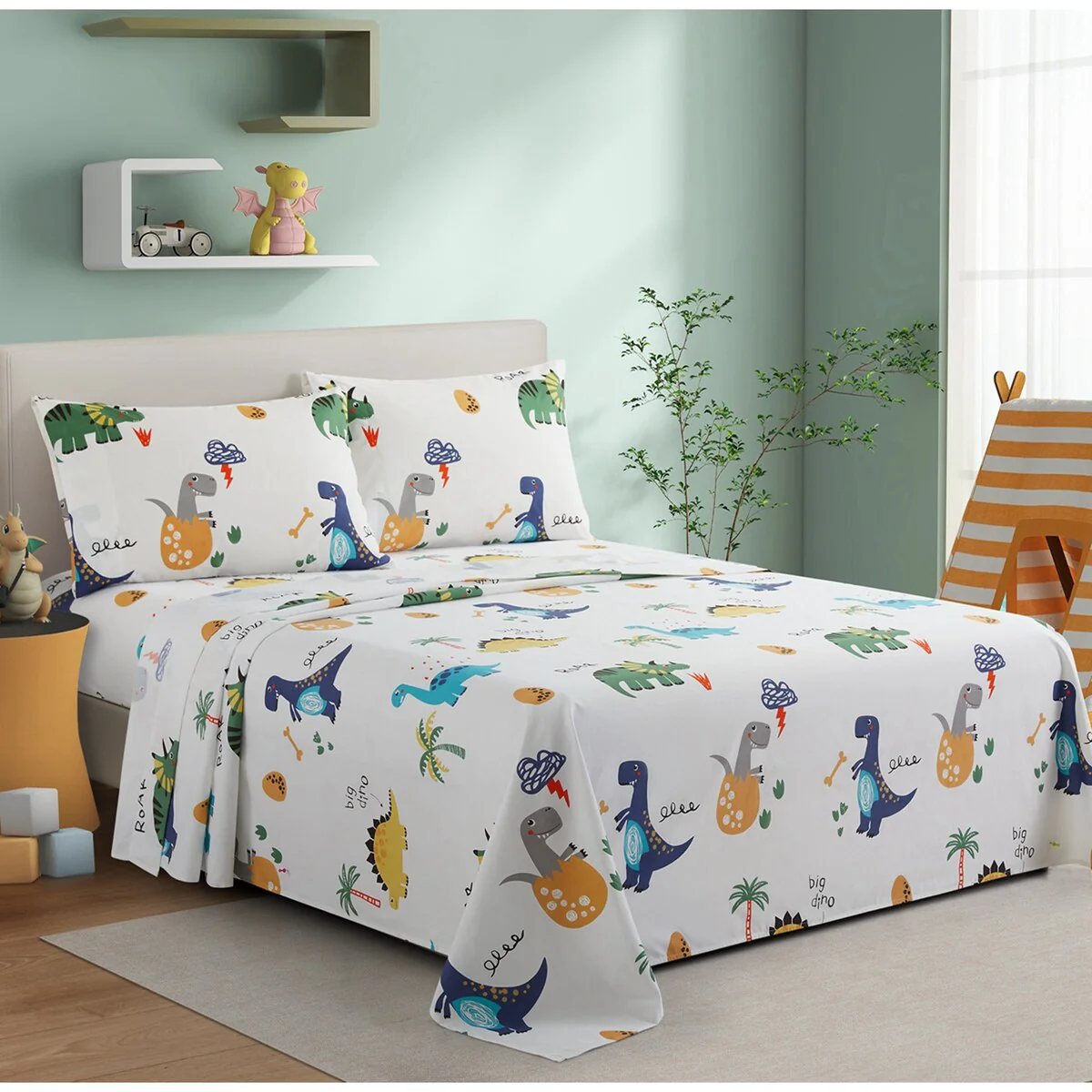 Kids Boys Printed 600 Thread Count Deep Pocket Cotton Blend Percale All Season Bedding Sheet Set, Cartoon Dinosaur Zoo Dino