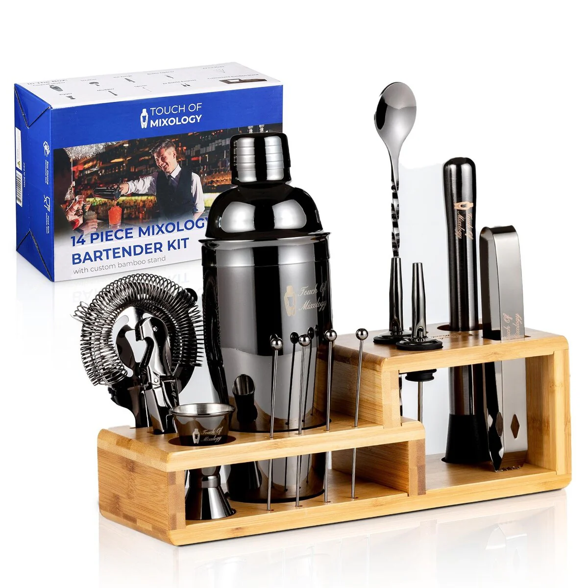 14 Piece Dark Metallic Mixology Bartender Kit with Bamboo Stand - N/A