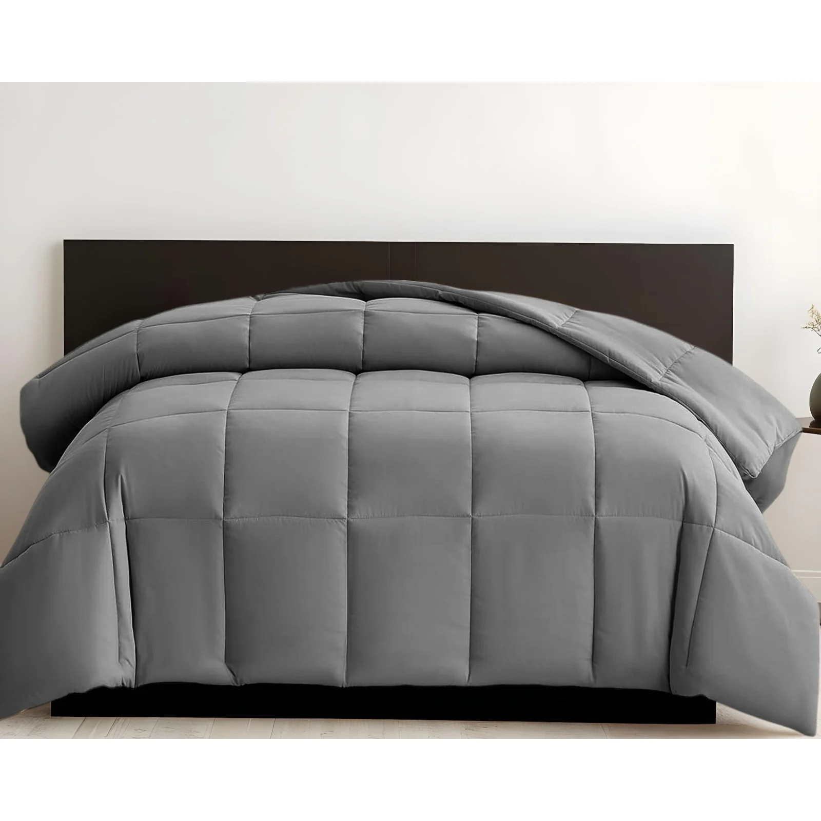 Gray Queen Box Stitch Microfiber Down Alternative Comforter