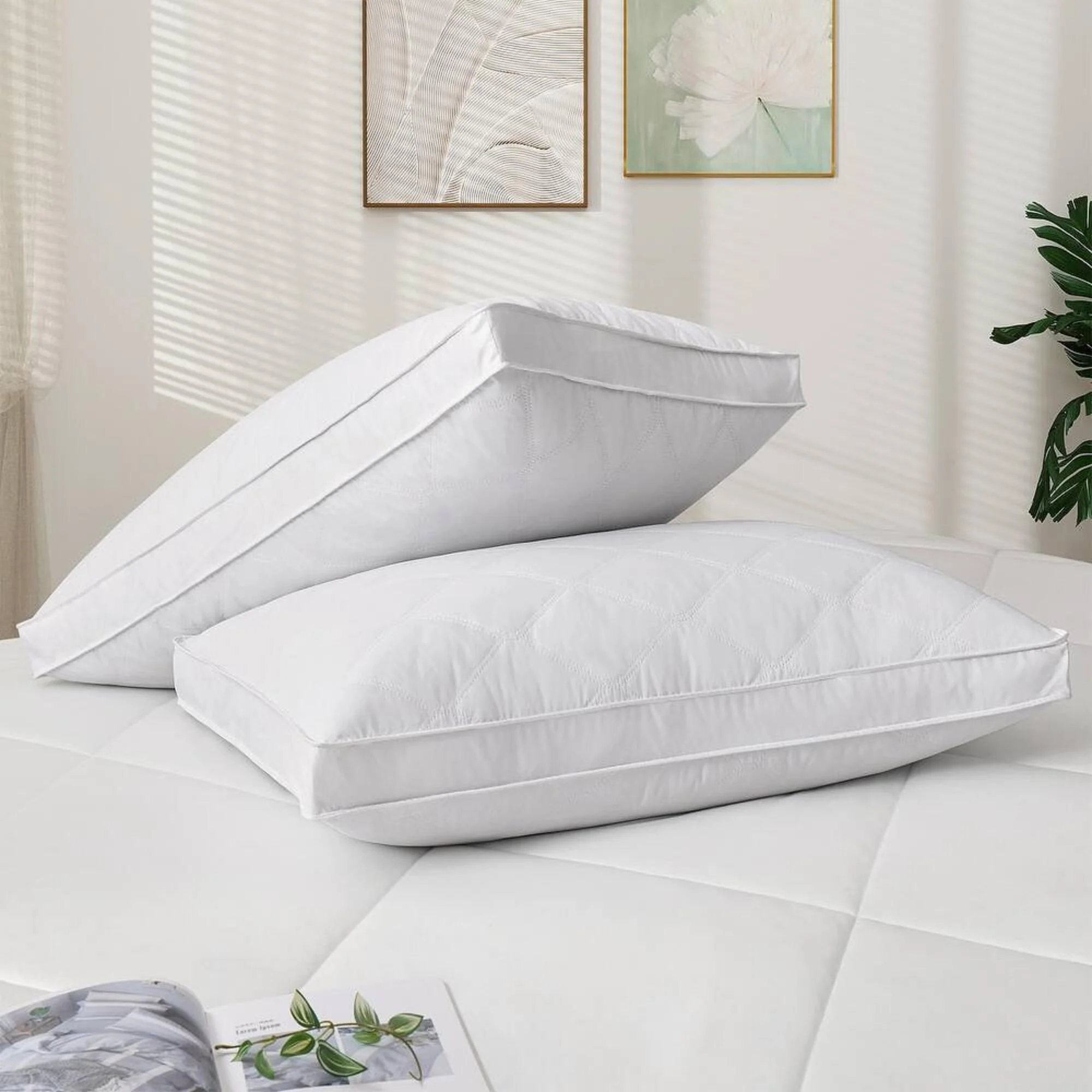 2 Pack Premium Quilted Gusset Goose Feather and Down Bed Pillows for Side & Back Sleepers - White