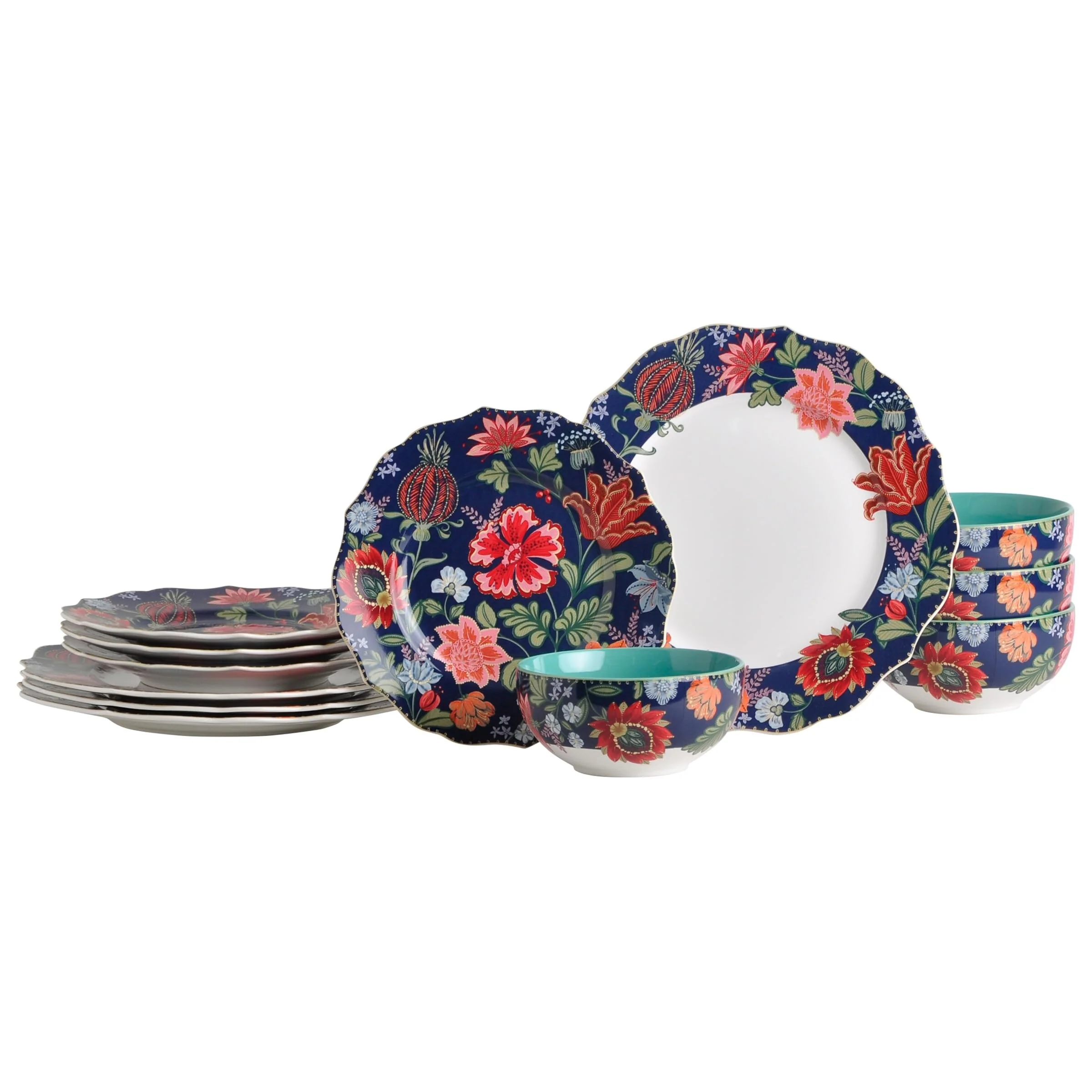 222 Fifth Chintz 12-Piece Blue Porcelain Dinnerware Set - Service for 4, Plate & Bowl Set