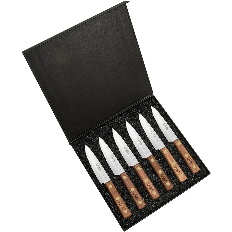 Case Knife 11078 Steak Knife Set Smooth Walnut Wood Smooth (XX640) Set of 6 in Presentation Box - Silver