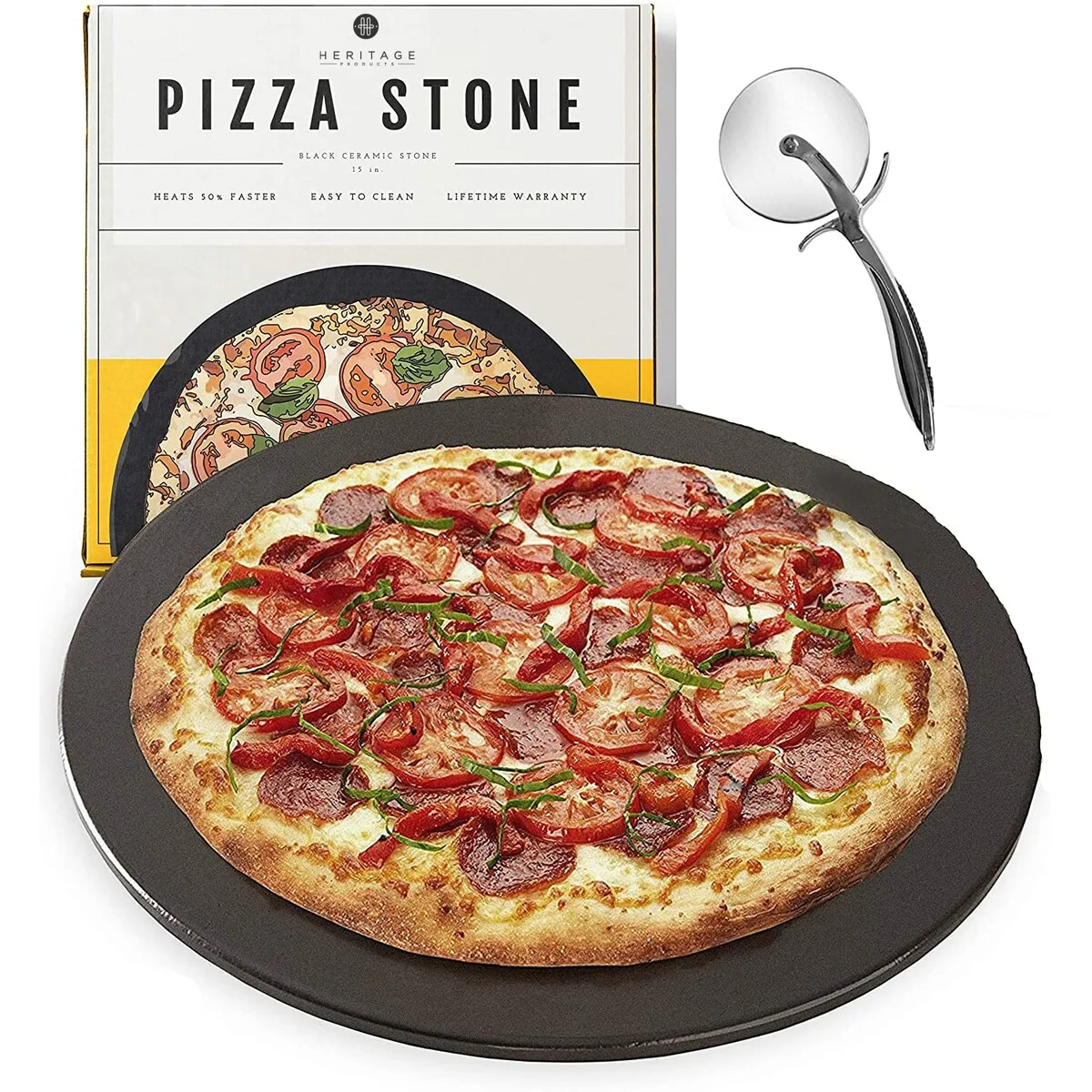 Heritage 15" Ceramic Pizza Stone Set - Non-Stick, Stain-Free With Bonus Cutter - Black