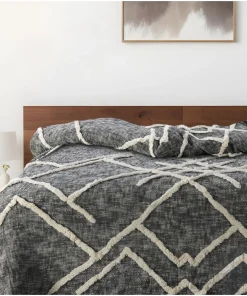 Charcoal and Off White Geometric King Cotton Coverlet With Fringe