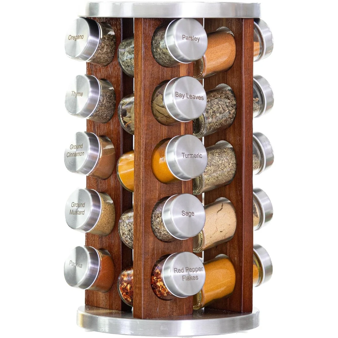 20 Jar Dark Acacia Wood Spice Rack with Spices Included - Rotating Tower Organizer for Kitchen Spices and Seasonings