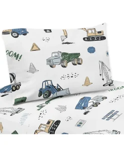 Construction Truck Collection 4-piece Queen Sheet Set - Grey Yellow Black Blue and Green Transportation