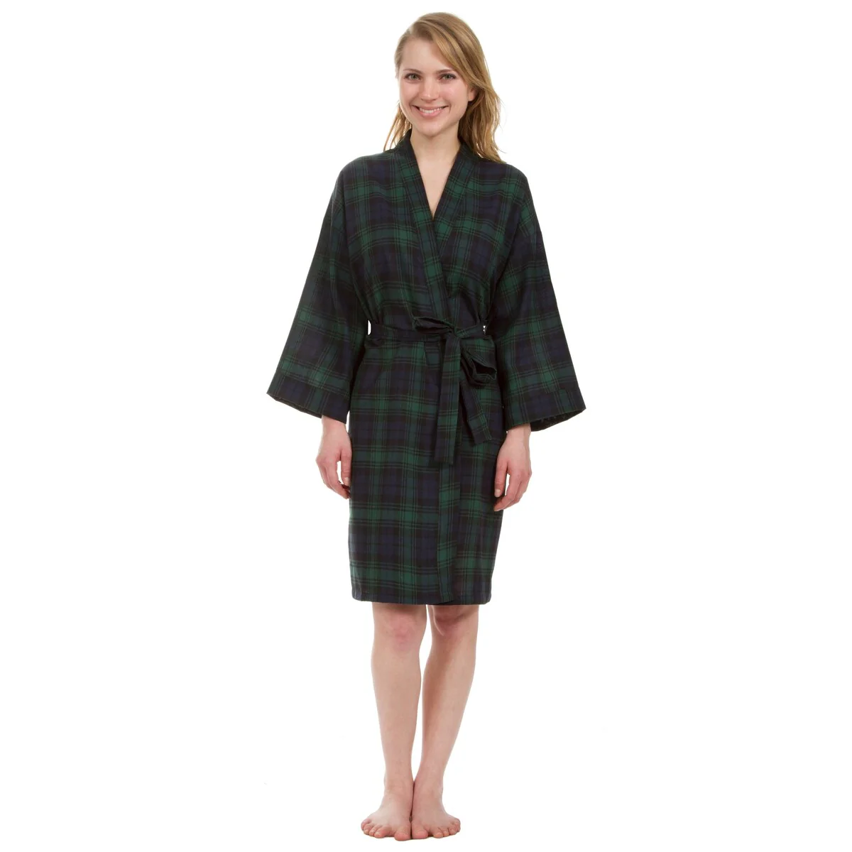 Leisureland Women's Knee Length Green Plaid Robe