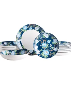 222 Fifth Nightingale 12-Piece Blue Porcelain Dinnerware Set - Service for 4, Plate & Bowl Set