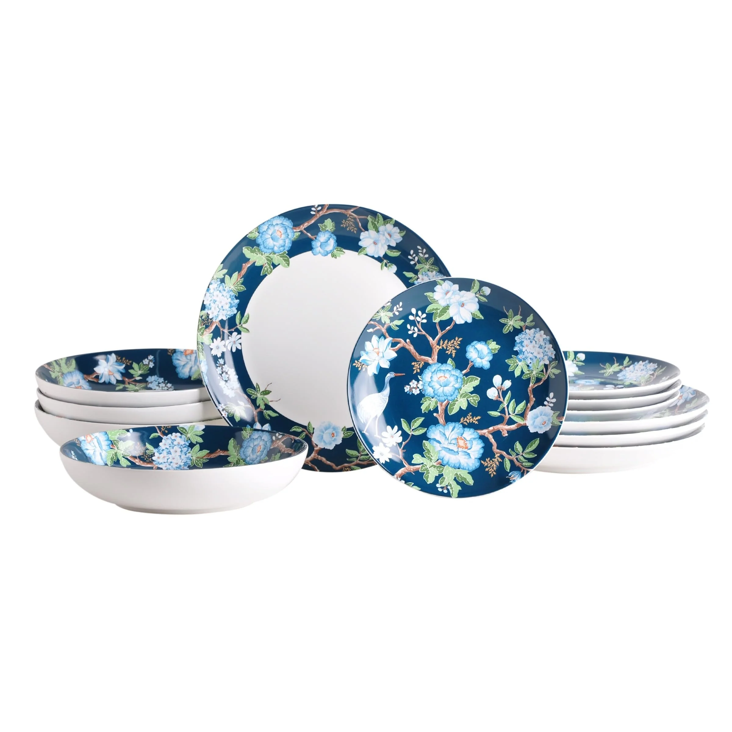 222 Fifth Nightingale 12-Piece Blue Porcelain Dinnerware Set - Service for 4, Plate & Bowl Set