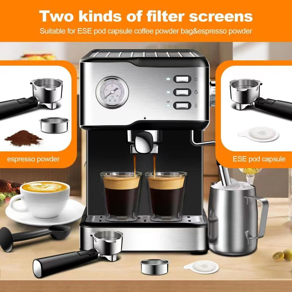 20 Cup Stainless Steel Semi-Automatic Espresso Machine with Pressure Gauge and Milk Frother Steam Wand