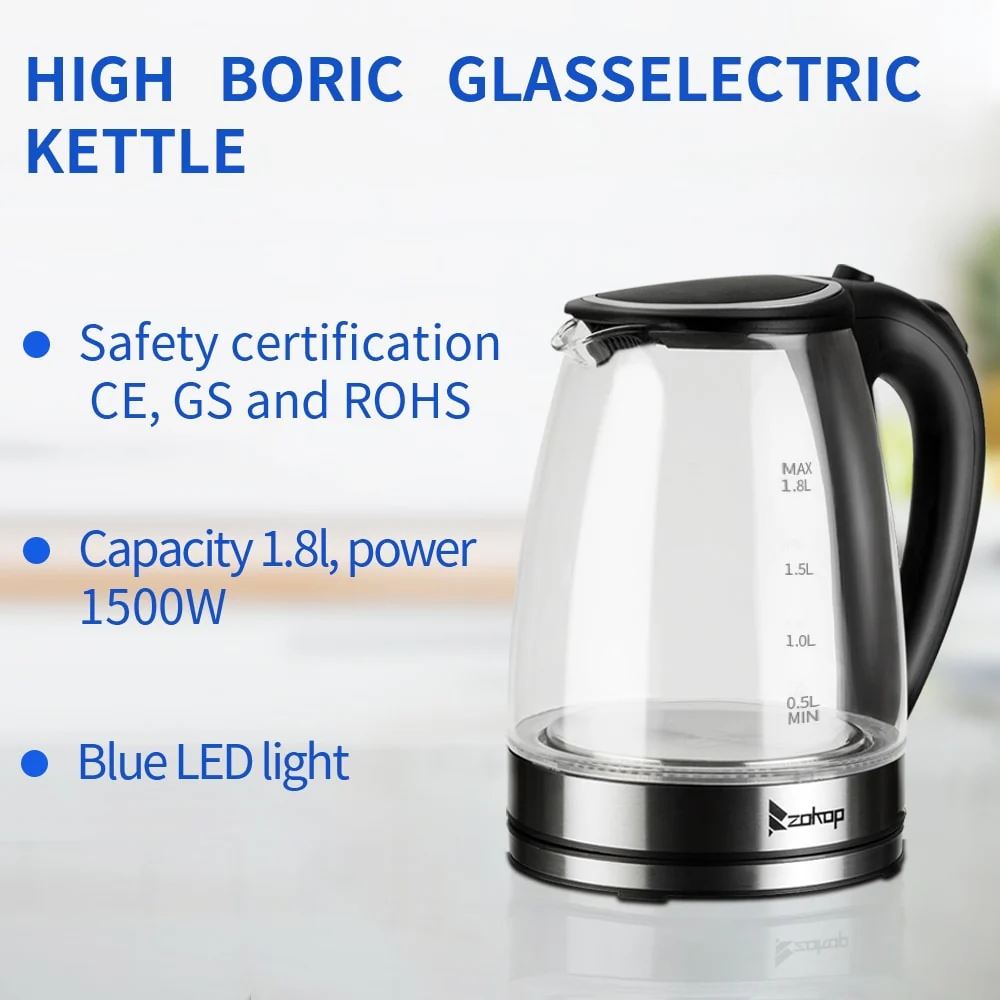 1500W 1.8L Electric Glass Tea Kettle Hot Water Kettle with Auto Shutoff Protection, Stainless Steel Lid & Bottom