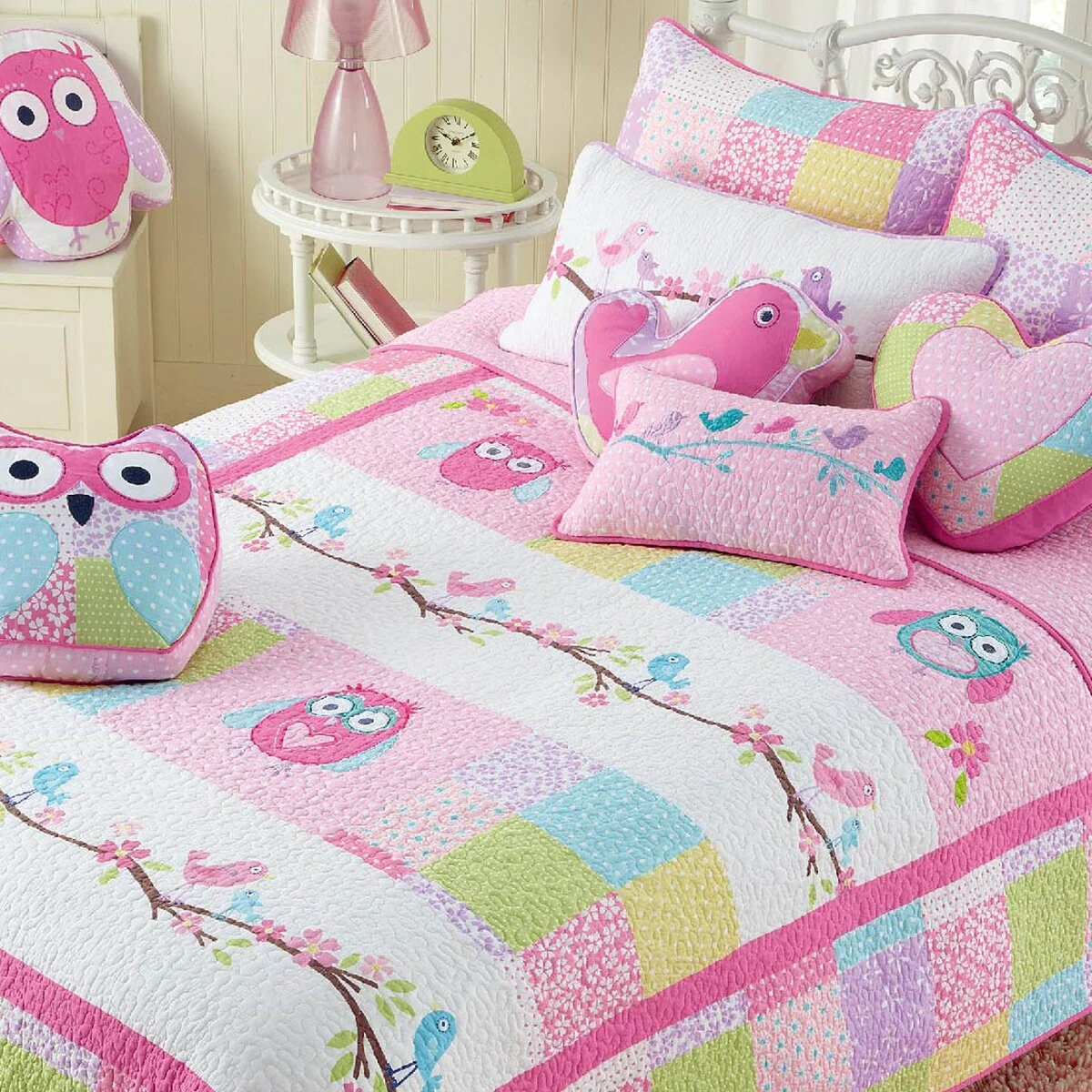 Cozy Line Pink Owl Cotton Quilt Bedding Set
