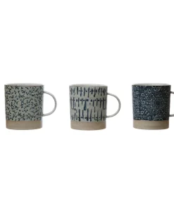Hand-Stamped 16 oz. Stoneware Mug, Blue & Cream Color, 3 Styles